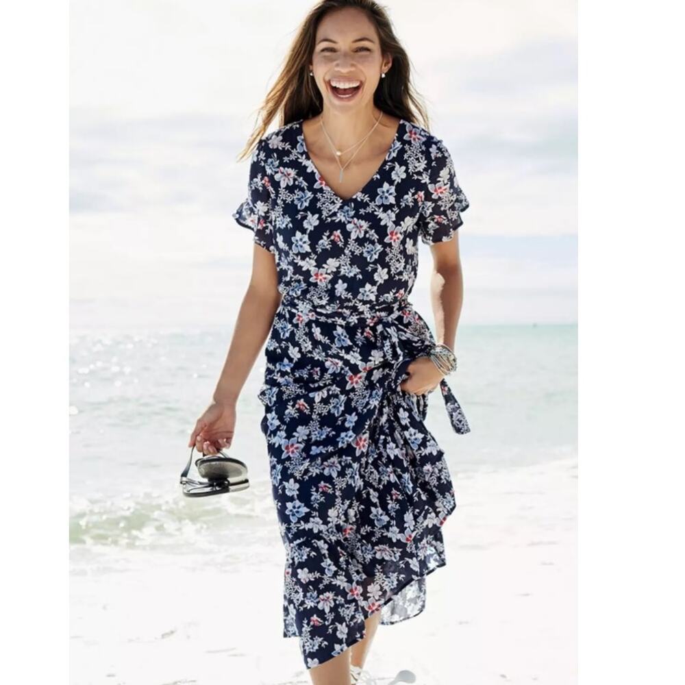 J. Jill Floral Ruffle Tie Belt Tiered Hem V Neck Midi Dress Navy White‎ Size S